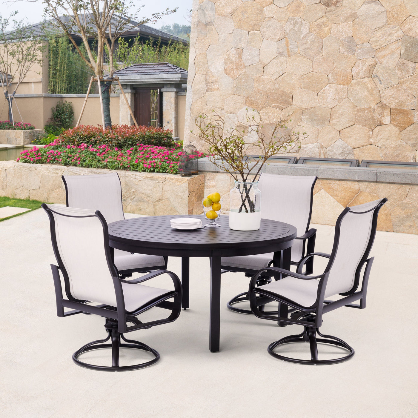  Yardbird Pepin Outdoor Fire Pit Table Set with 4 Sling Chairs Outdoor Furniture